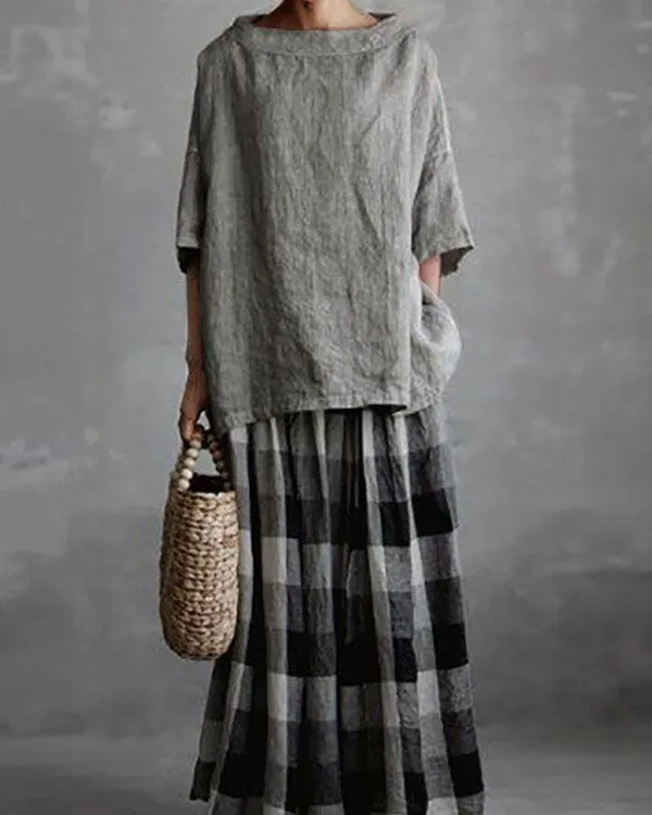 Boat Neck Half Sleeve Solid Loose Plus Size Casual Linen Tops