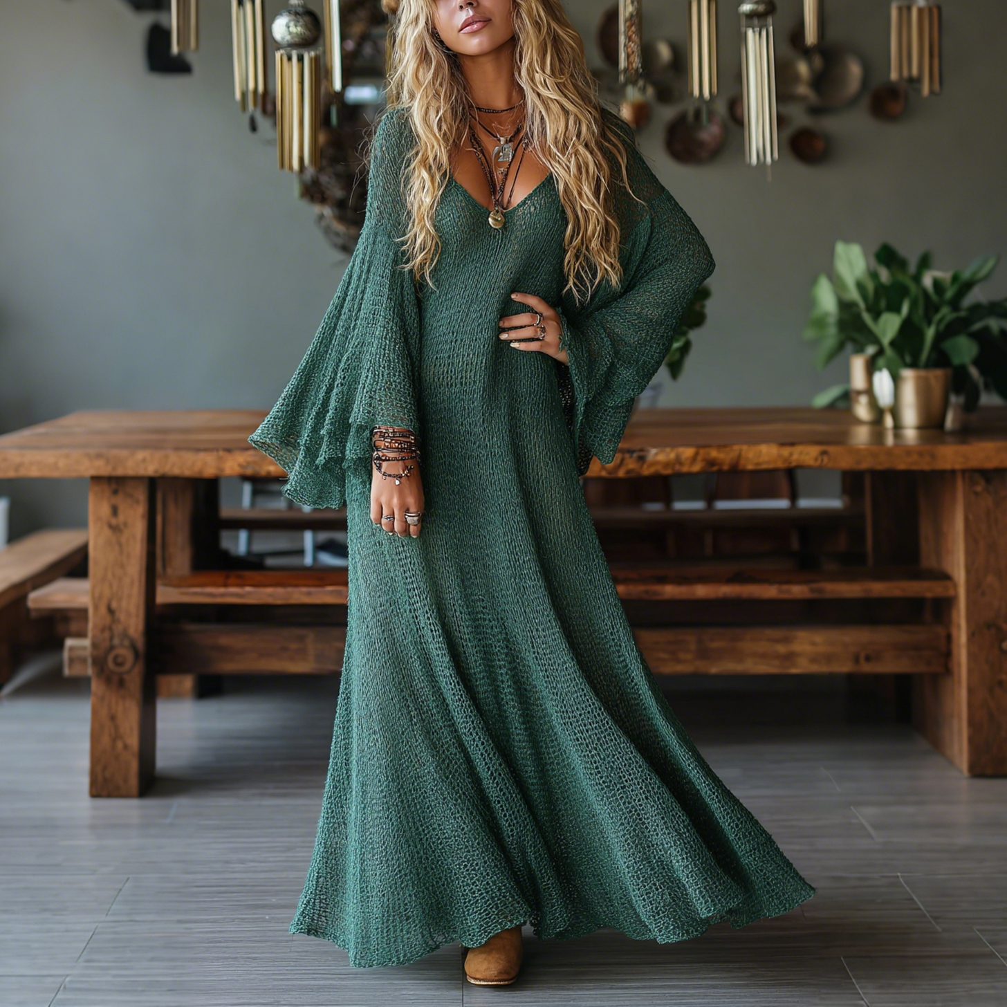 Elegant V-neck Sheer High-waisted Openwork Woven Flared Long-sleeved Oversized Dress