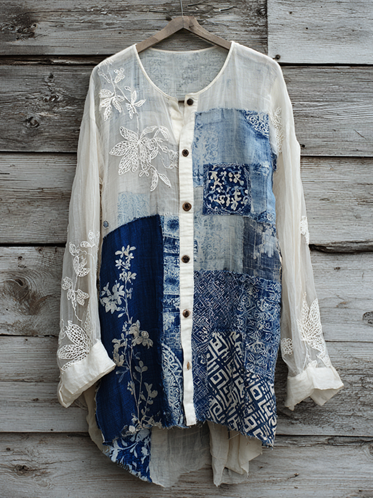Vintage Lace Floral Embroidery Patchwork Linen Women's Long Sleeve Shirt