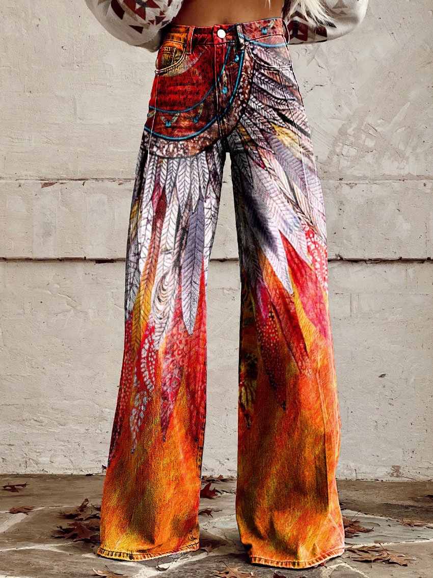 Vintage Lrregular Totem Print Casual Wide-Leg Pants