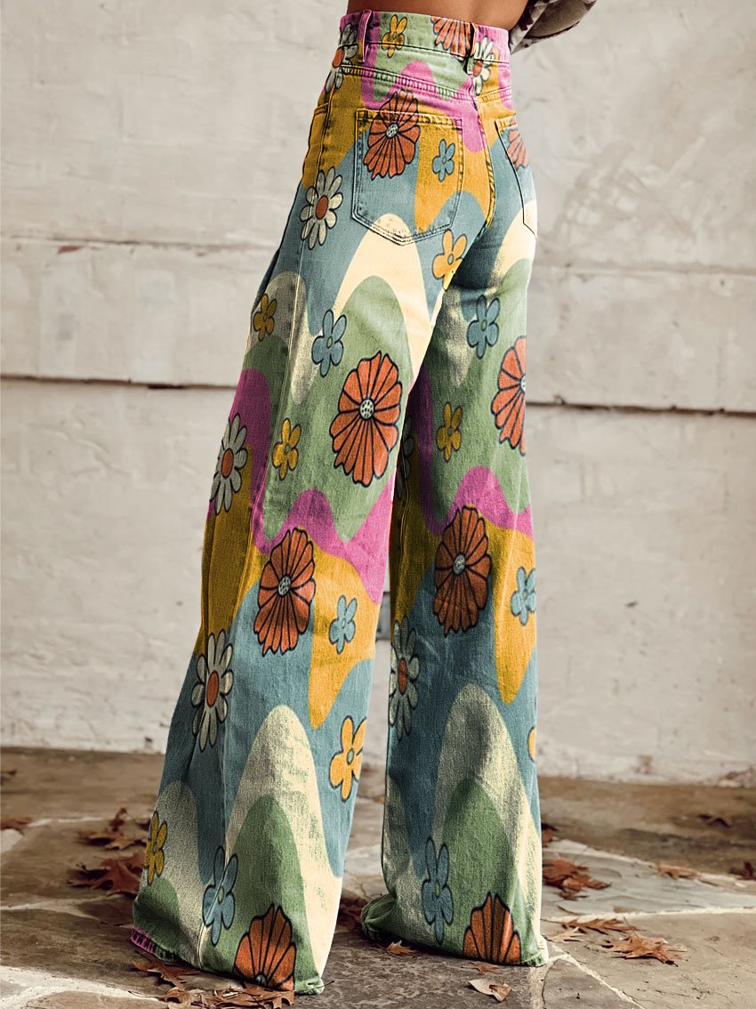 Vintage Floral Daisy Print Casual Wide-Leg Pants