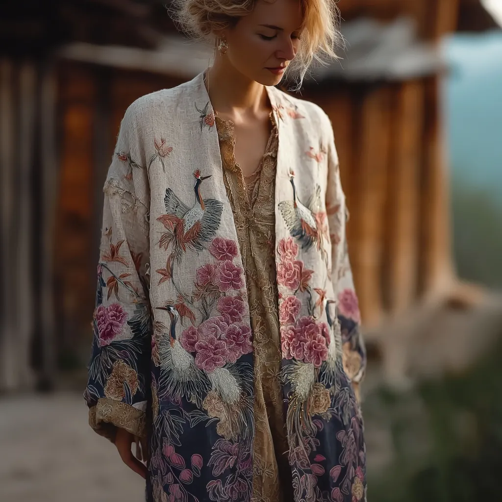 Japanese Art Retro Style Plant Flower & Crane Pattern Women's Cotton & Linen Cardigan