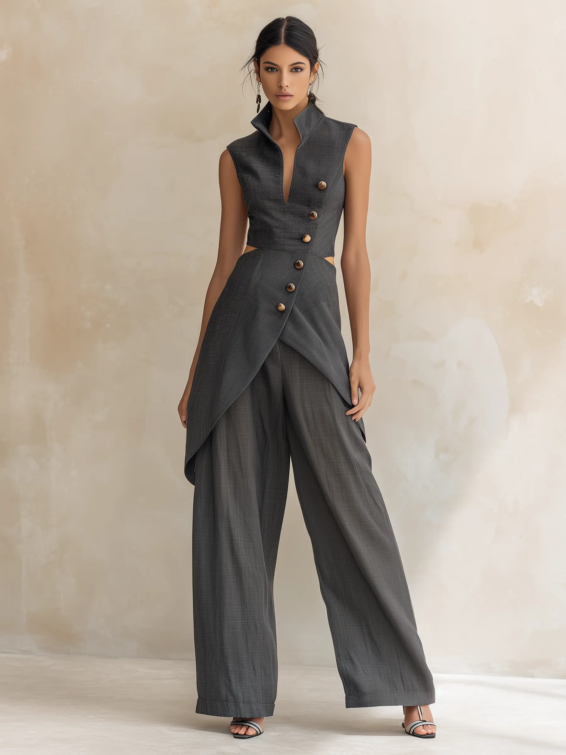 Charcoal Asymmetric Waistcoat & Wide-Leg Pant Set