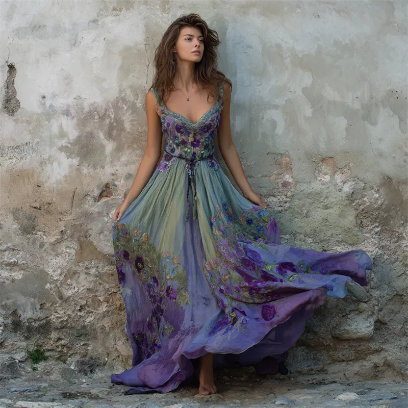 Classy Floral Embroidered Purple Gradient Flowy Linen Maxi Dress