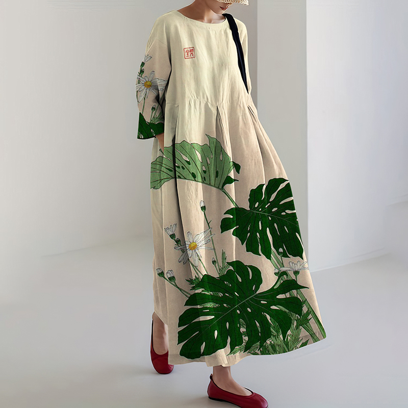 Retro Japanese Botanical Art Print Midi Dress