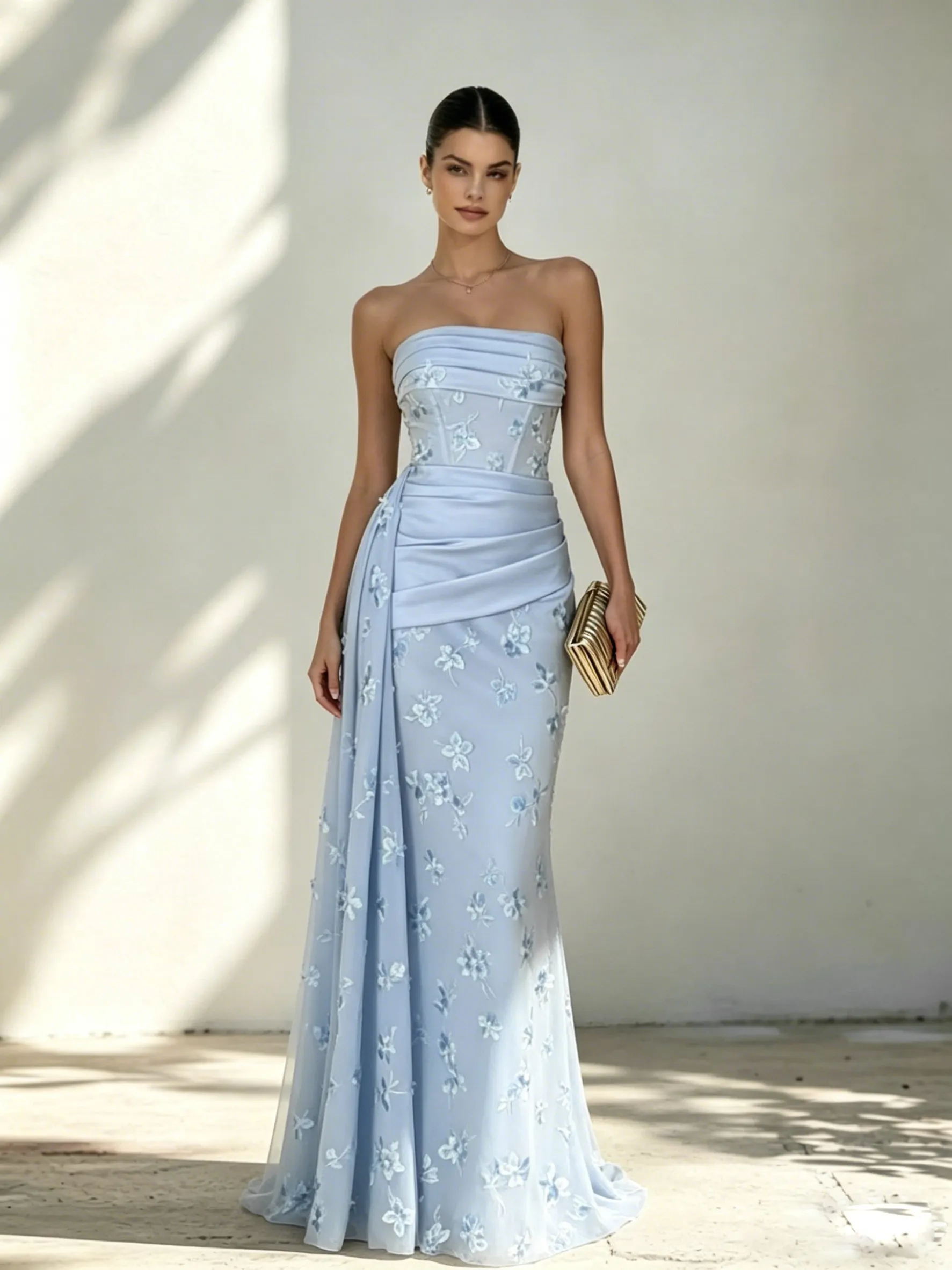 Light Blue Classic Strapless Sleeveless Mermaid Floor-length Gown