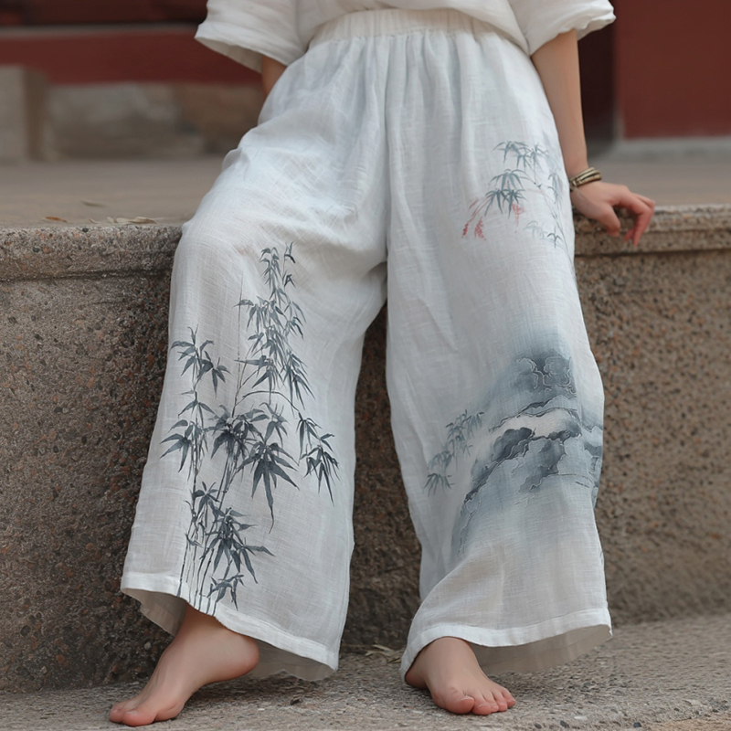 Japanese Style Bamboo Pattern Linen Trousers