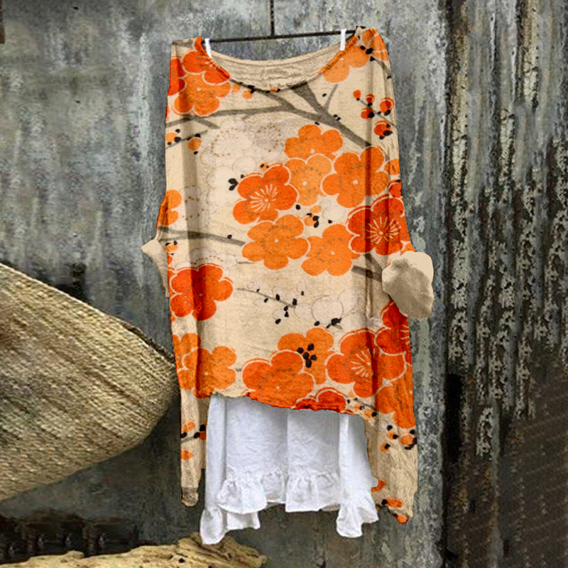 Vintage Japanese Plum Blossom Flowy Linen Tunic