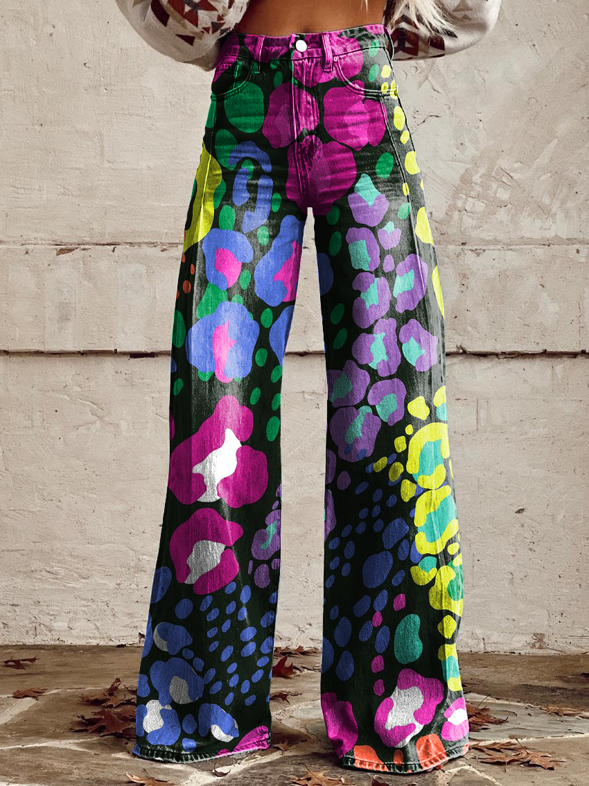 Retro Colorful Leopard Print Art Casual Wide-Leg Pants