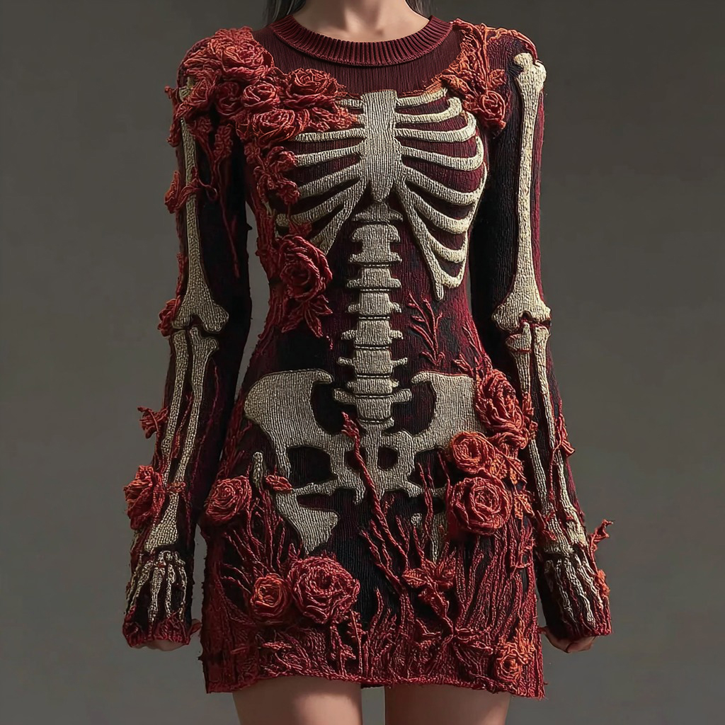 Women's Vintage Skull Rose Comfortable Elegant Sweater Dress