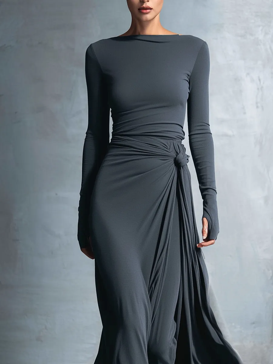 Women's Gray Exquisite Stretch Blended Fabric Wrap Dress - Knotted Maxi Dress