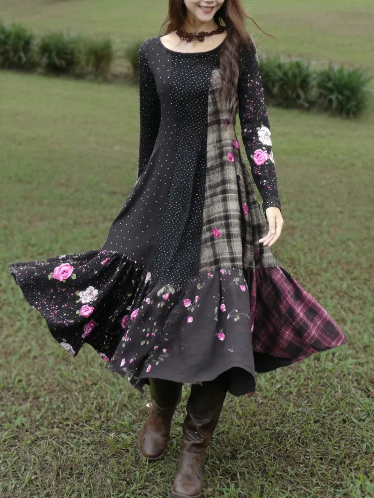 Women's Vintage Polka Dot And Rose Floral Plaid Patchwork Dress