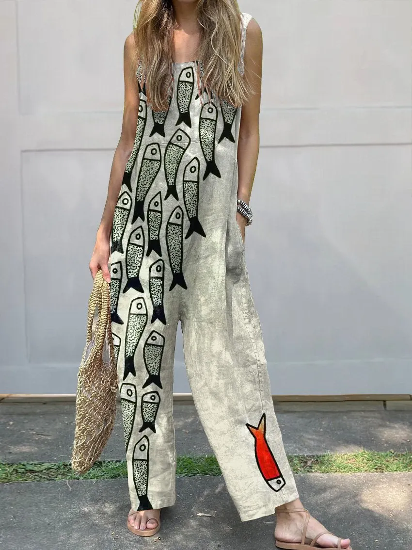 Be The Unique Fish Art Printed Women's Casual Wide-Leg Jumpsuit