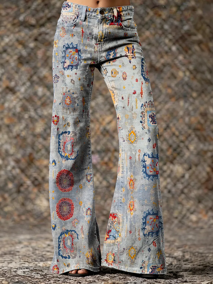 Vintage Ethnic Gray Pattern Art Printed Casual Slim Denim Wide Leg Pants