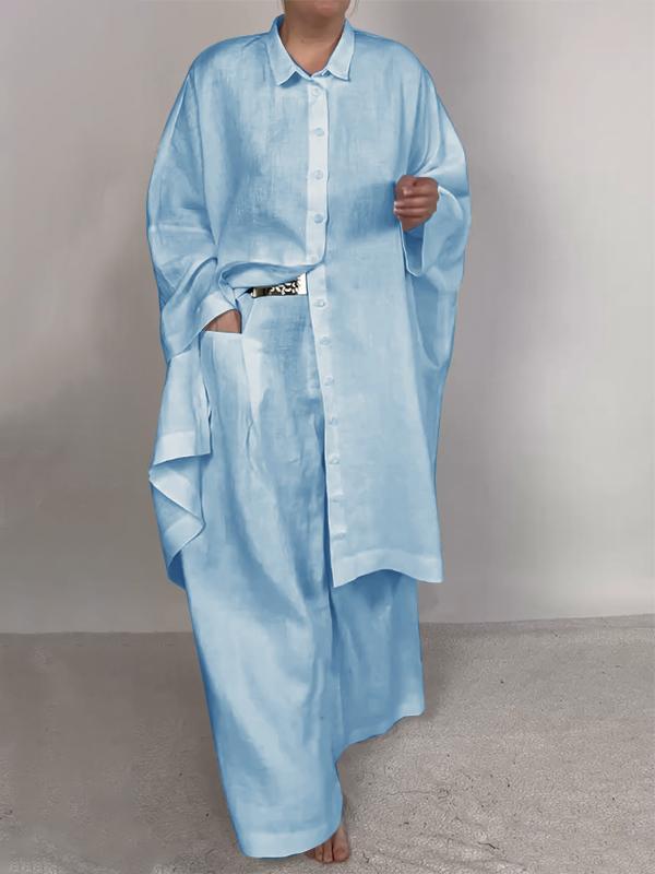 Casual Plain Shirt & Pants Two-pieces Set