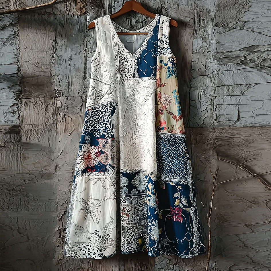 Japanese Art Retro Style Geometric Patchwork Design Lace Patch Women's Cotton & Linen Dress
