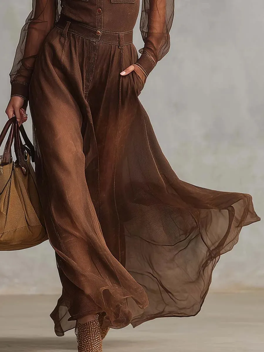 Vintage Western Front Button Organza Stitching Maxi Dress