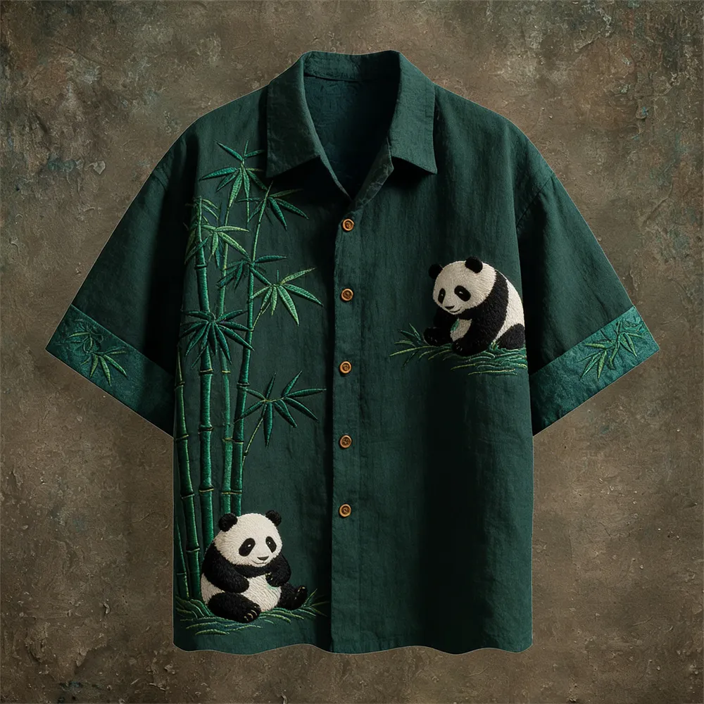 Vintage Panda & Bamboo Pattern Linen Short Sleeve Shirt