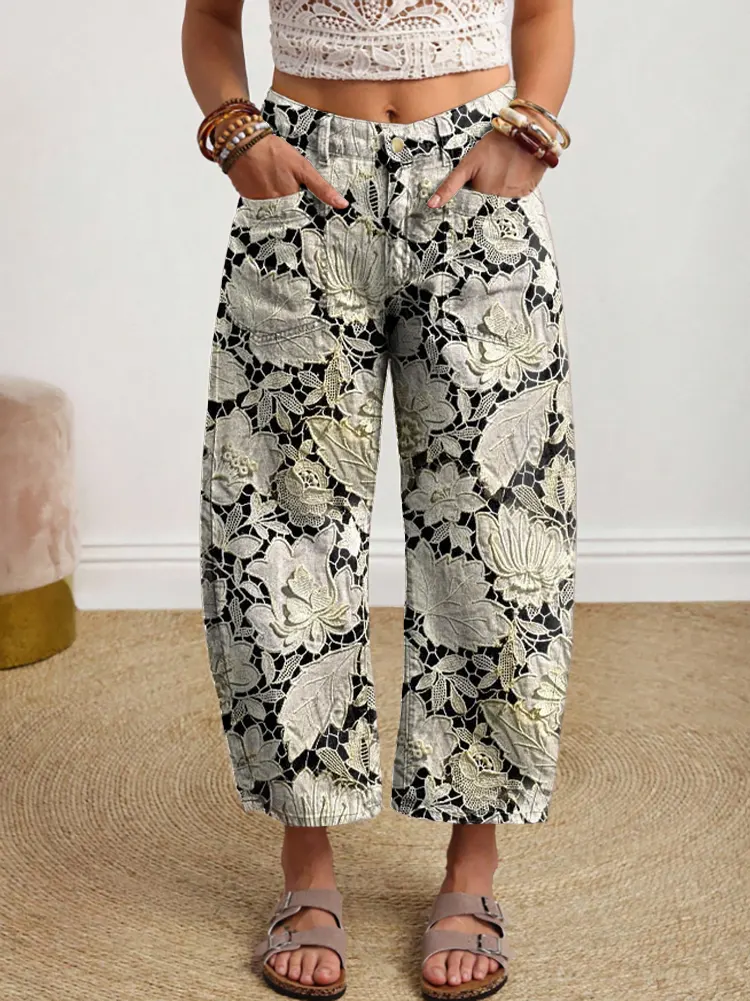Vintage-style Textured Floral Art Print Casual Cotton Trousers With Pockets