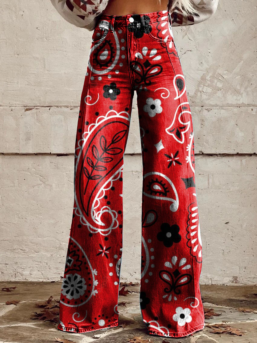 Vintage Paisley Print Casual Wide-Leg Pants