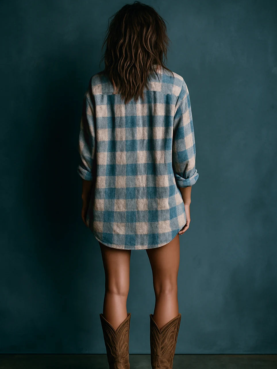 Blue & White Loose Plaid Henley Neck Long-Sleeve Mini Dress