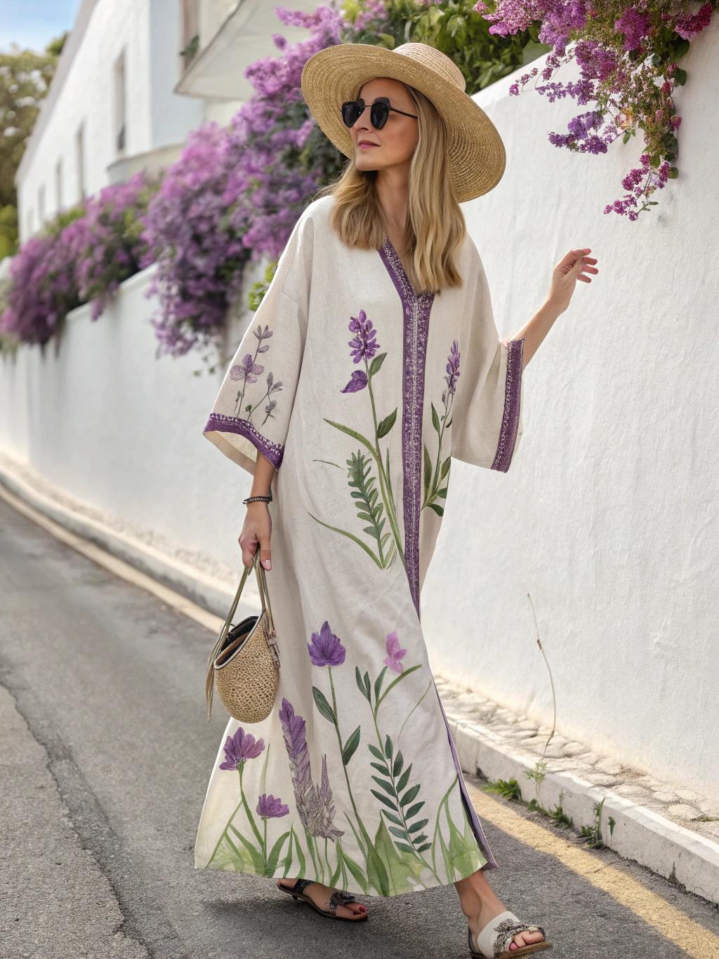 Contton & Linen Long-Sleeve Kaftan Maxi Dress