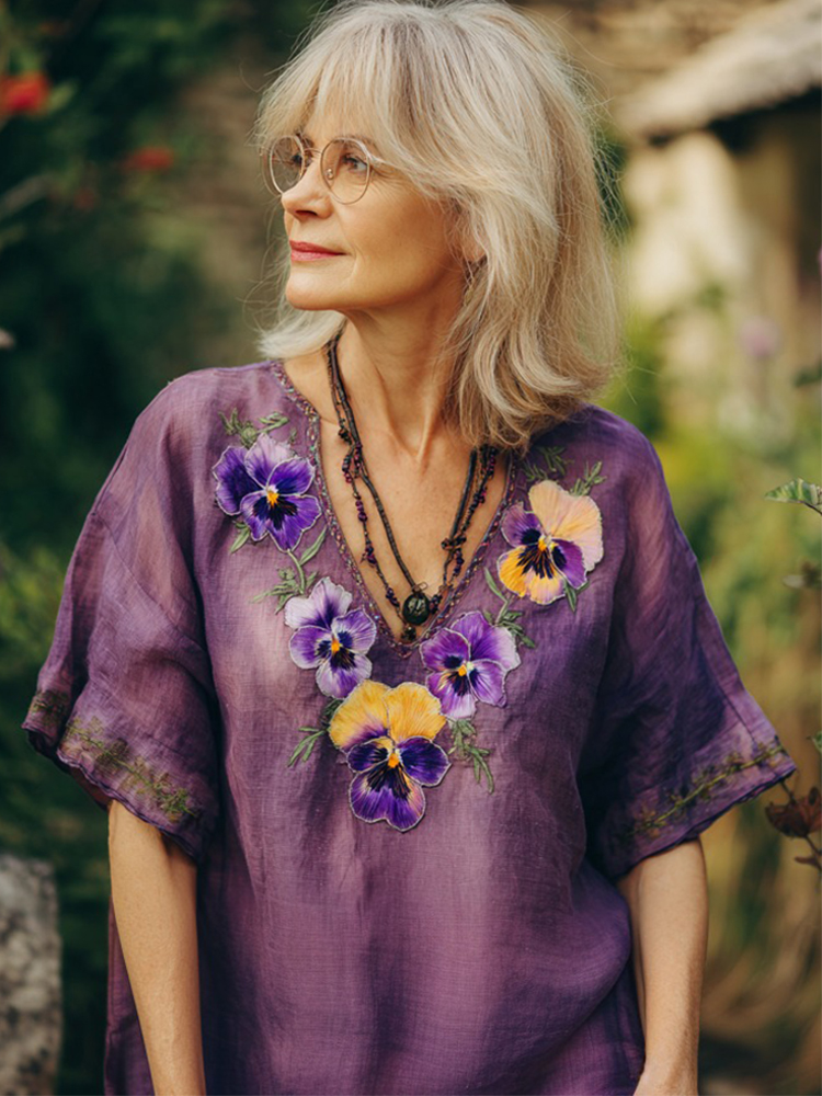 Women's Purple Pansy Embroidery Design Print V-neck Shirt