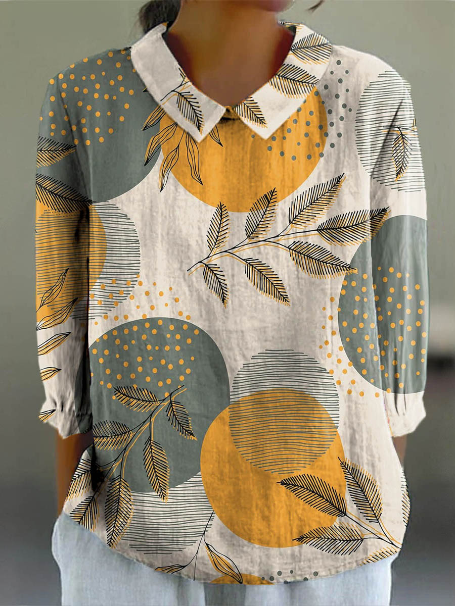 Geometric Floral Pattern Art Print Casual Cotton & Linen 3/4 Sleeve Shirt
