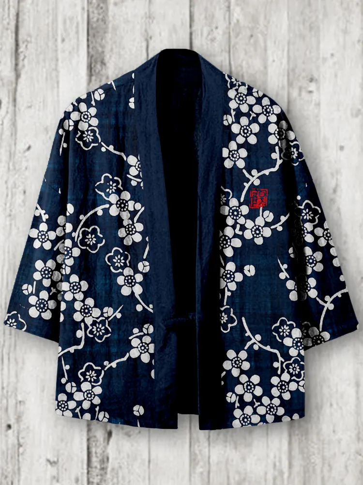 Vintage Japanese Plum Blossom Art Linen Blend Kimono Cardigan