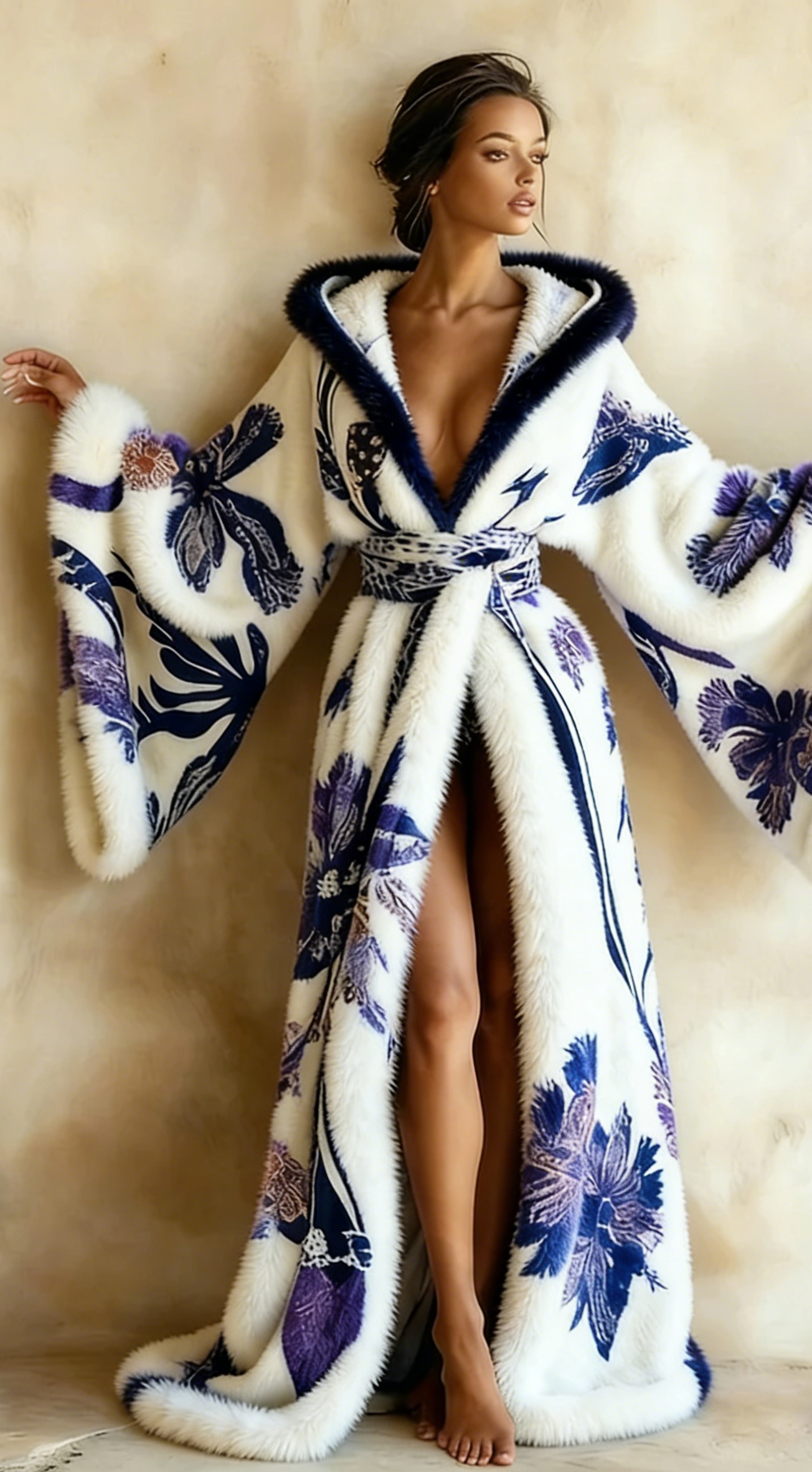 Abstract  Art Print Kimono Long Gown Autumn and Winter hooded Robe With Belt