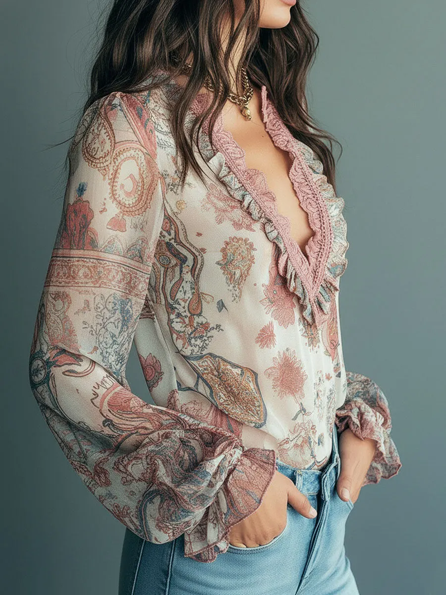 Vintage Bohemian Dusty Rose Lace Trim Chiffon Blouse