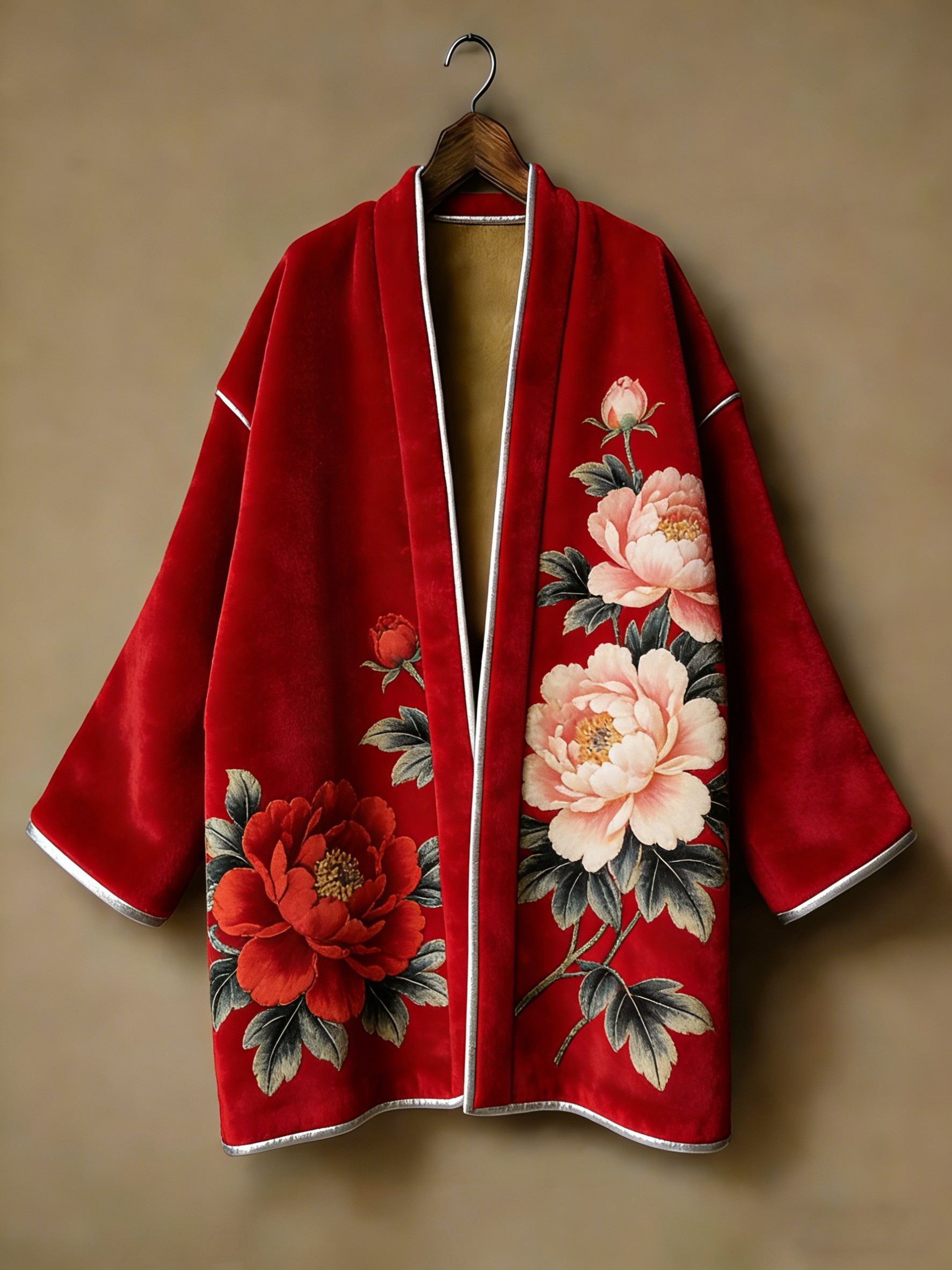 Oriental aesthetic printed flannel embroidered medium and long kimono cardigan