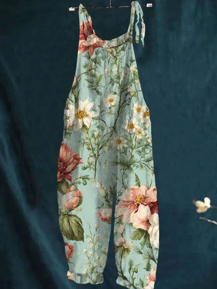 Vintage Lovely Floral Art Print Casual Wide-Leg Jumpsuit