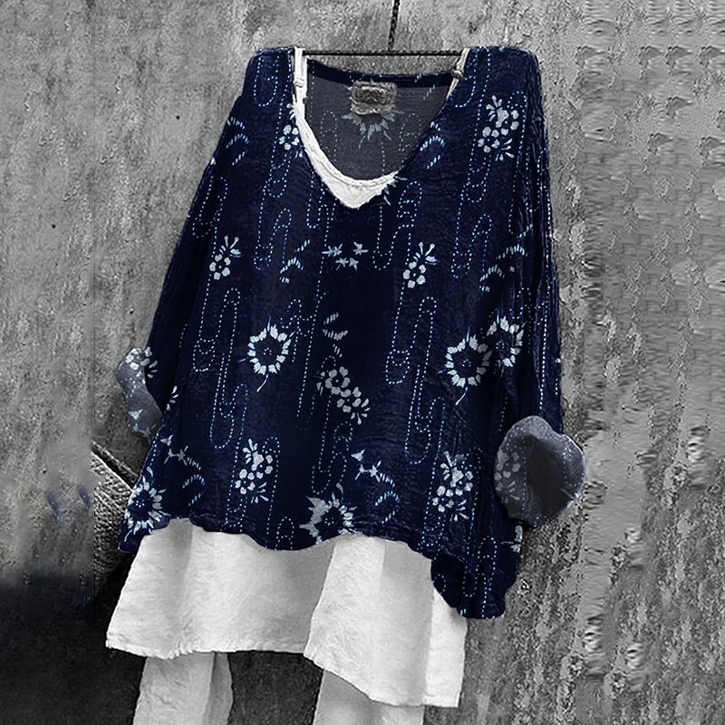 Vintage Floral Art Print V-neck Loose T-shirt