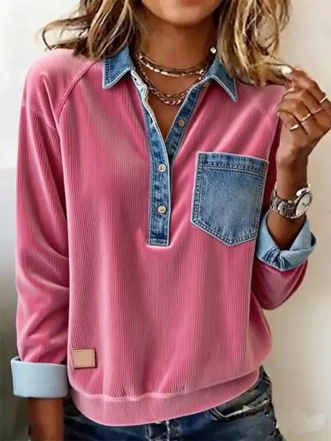 Casual Loose Corduroy Patchwork Long-Sleeve Shirt