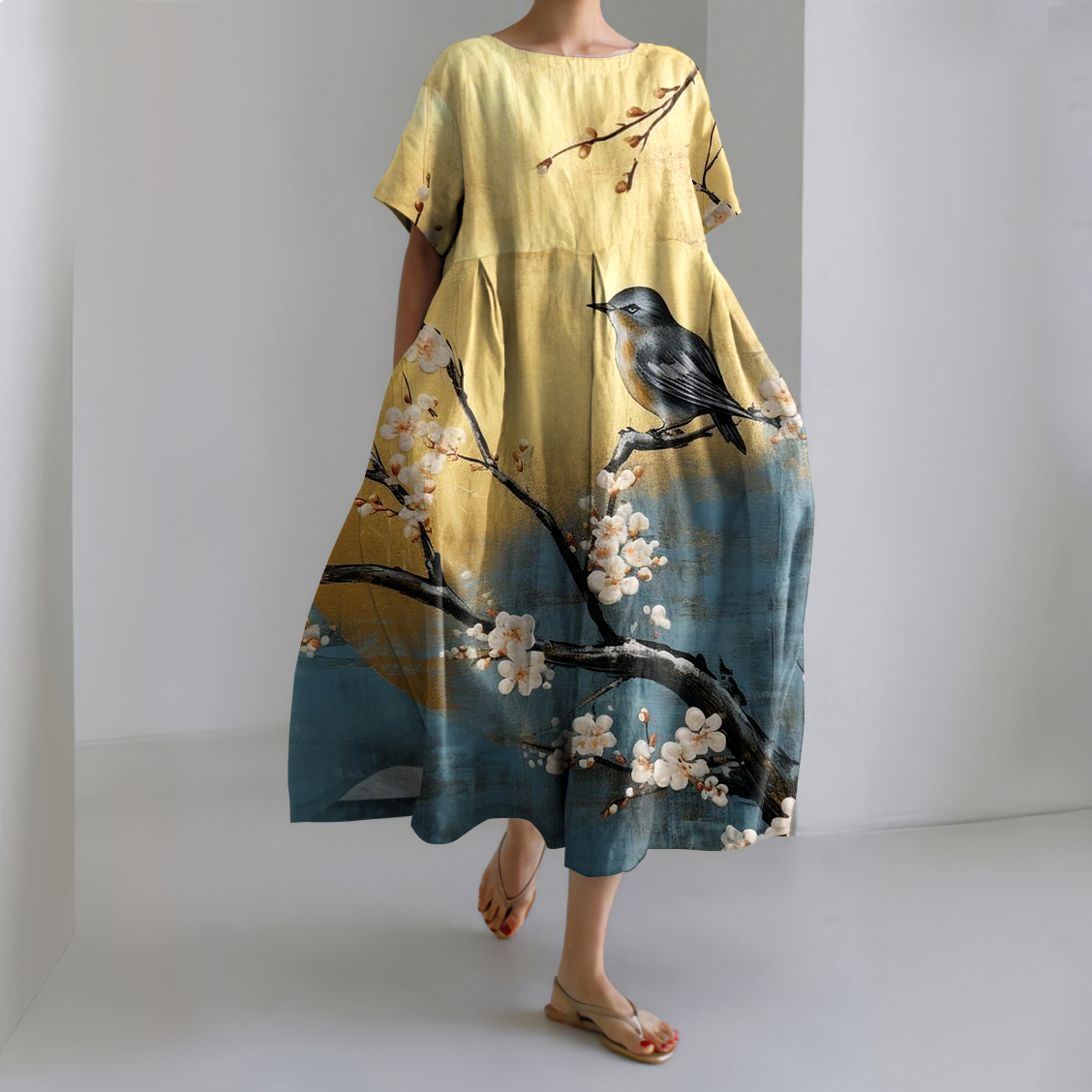 Japanese Floral & Bird Art Print Midi Dress