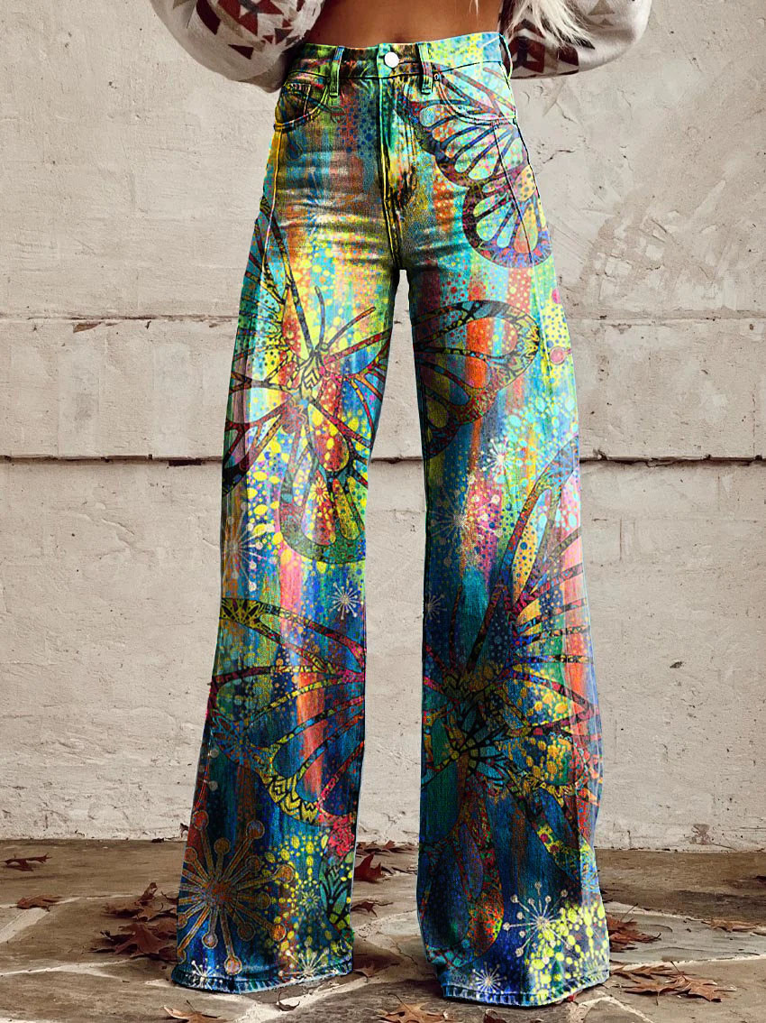 Vintage Butterfly Print Wide-Leg Pants