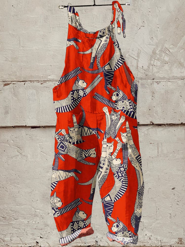 Cat Art Print Casual Wide-Leg Jumpsuit