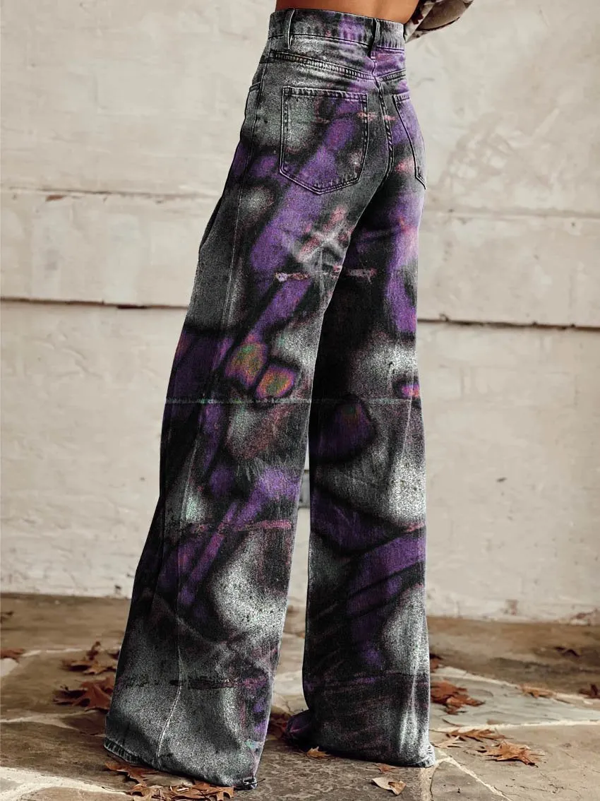 Purple White Noise Print Casual Wide-Leg Pants