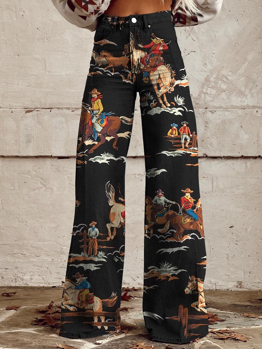 Cowboy Race Print Casual Wide-Leg Pants