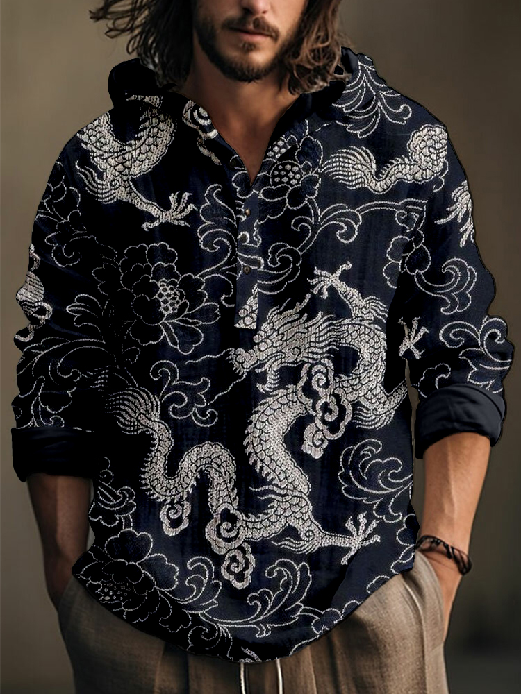 Men's Retro Traditional Dragon Art Linen Hooded Shirt