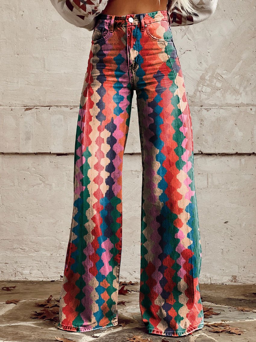 Vintage Print Casual Wide-Leg Pants