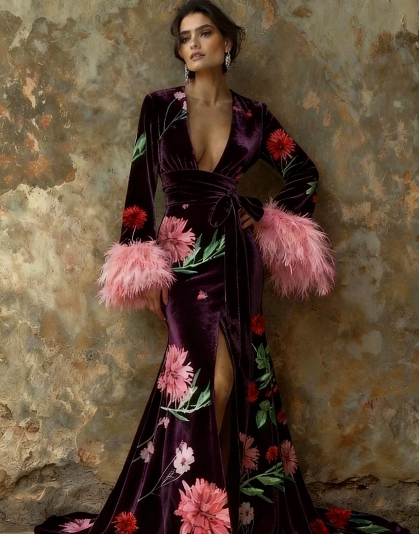 Artistic floral print plush kimono robe, autumn/winter long robe with sash.