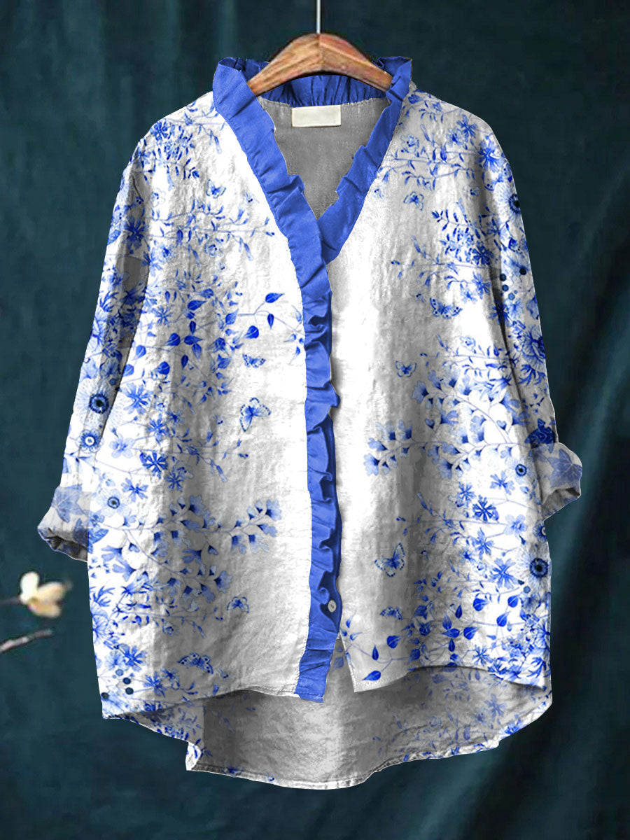 Vintage Floral Art Print Casual Cotton & Linen Ruffle Shirt