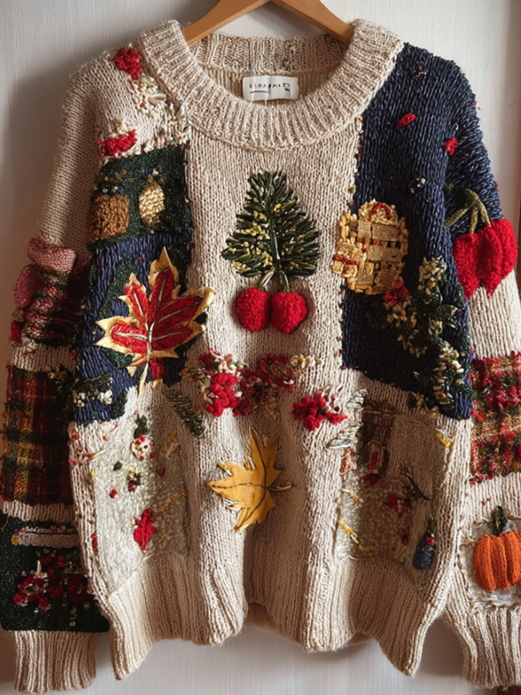 Thanksgiving Plant Flower Splicing Autumn/winter Round Neck Sweater