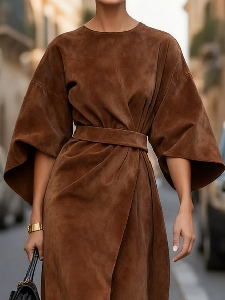 Vintage Brown Suede Waist Tie Bat Sleeve Maxi Dress