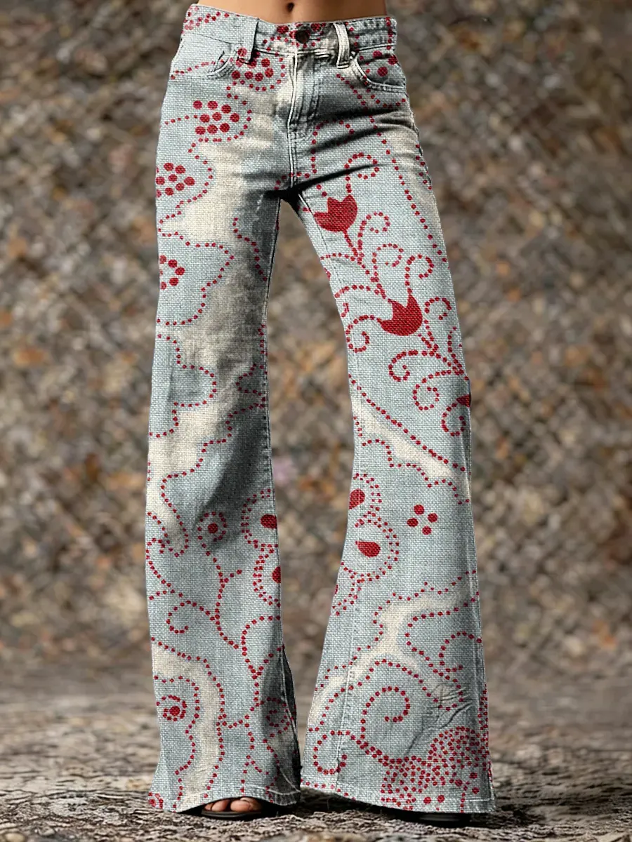 Floral Art Print Casual Washed Cotton Denim Pants