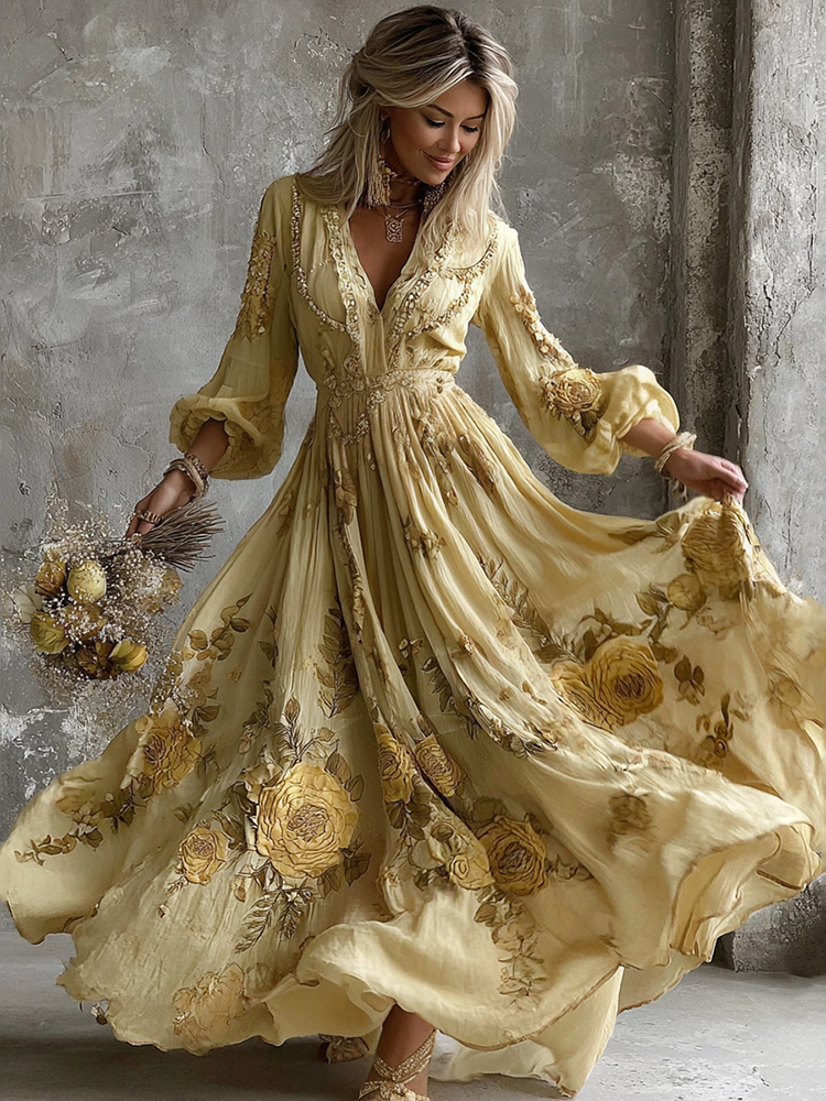 Women's Yellow Roses And Floral Art Print V-neck Long Sleeve Maxi Dress
