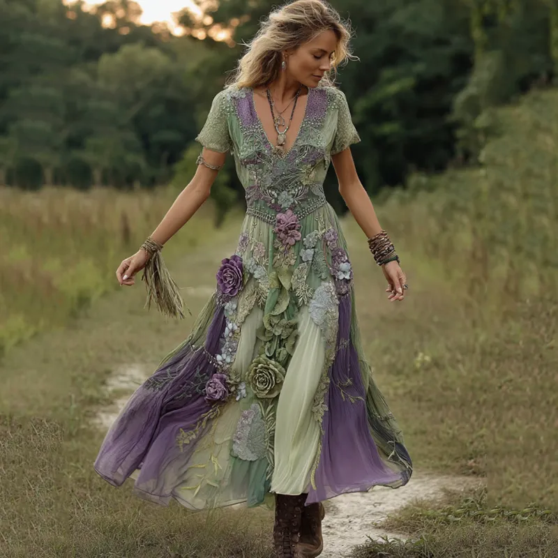 Classy Gradient Purple Lavender And Floral Embroidered Maxi Dress