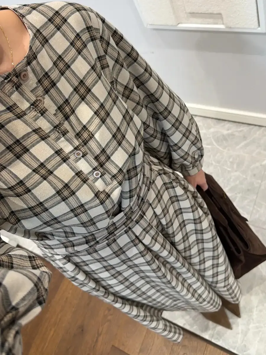 Plaid Patterned Belted Midi Dress